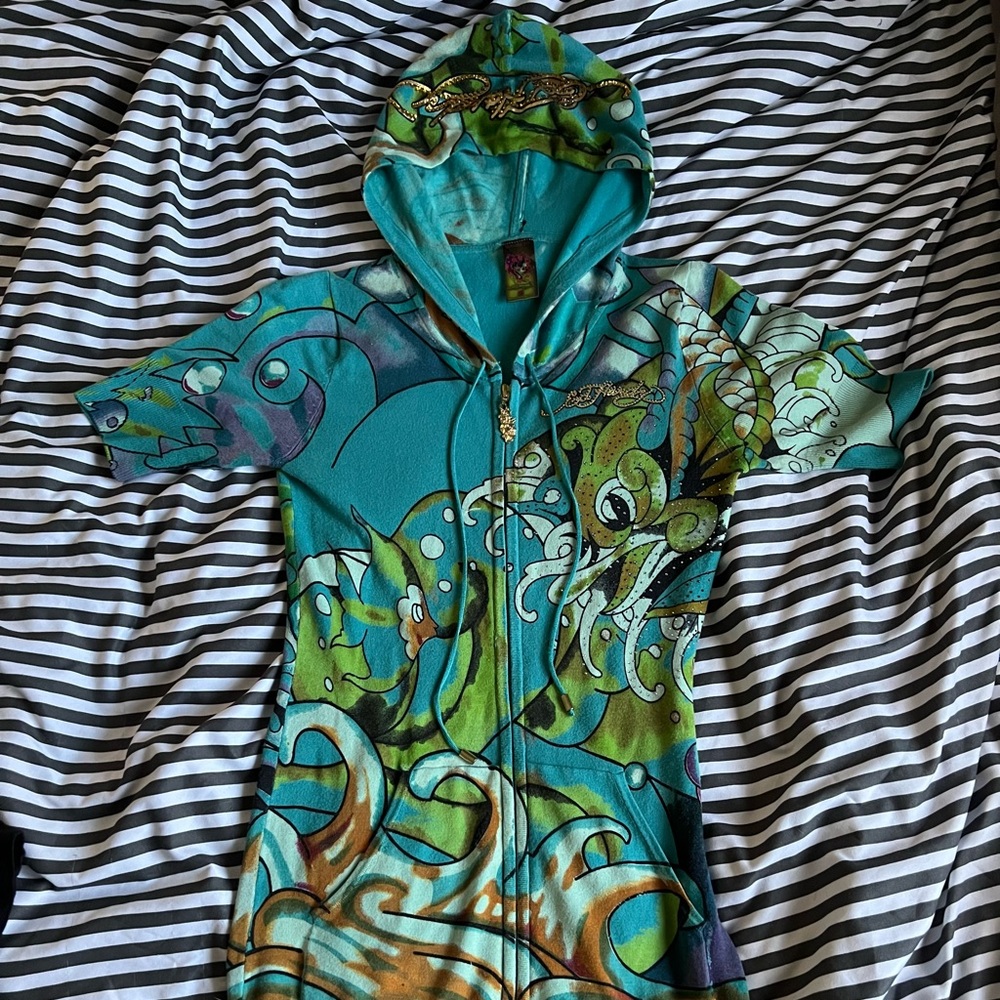 ED HARDY zip up long tee/mini dress with mermaid design!